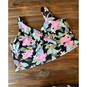 Ninety-Nine Womens 2X Tropical Hibiscus Floral Twist Front Tankini Black Pink